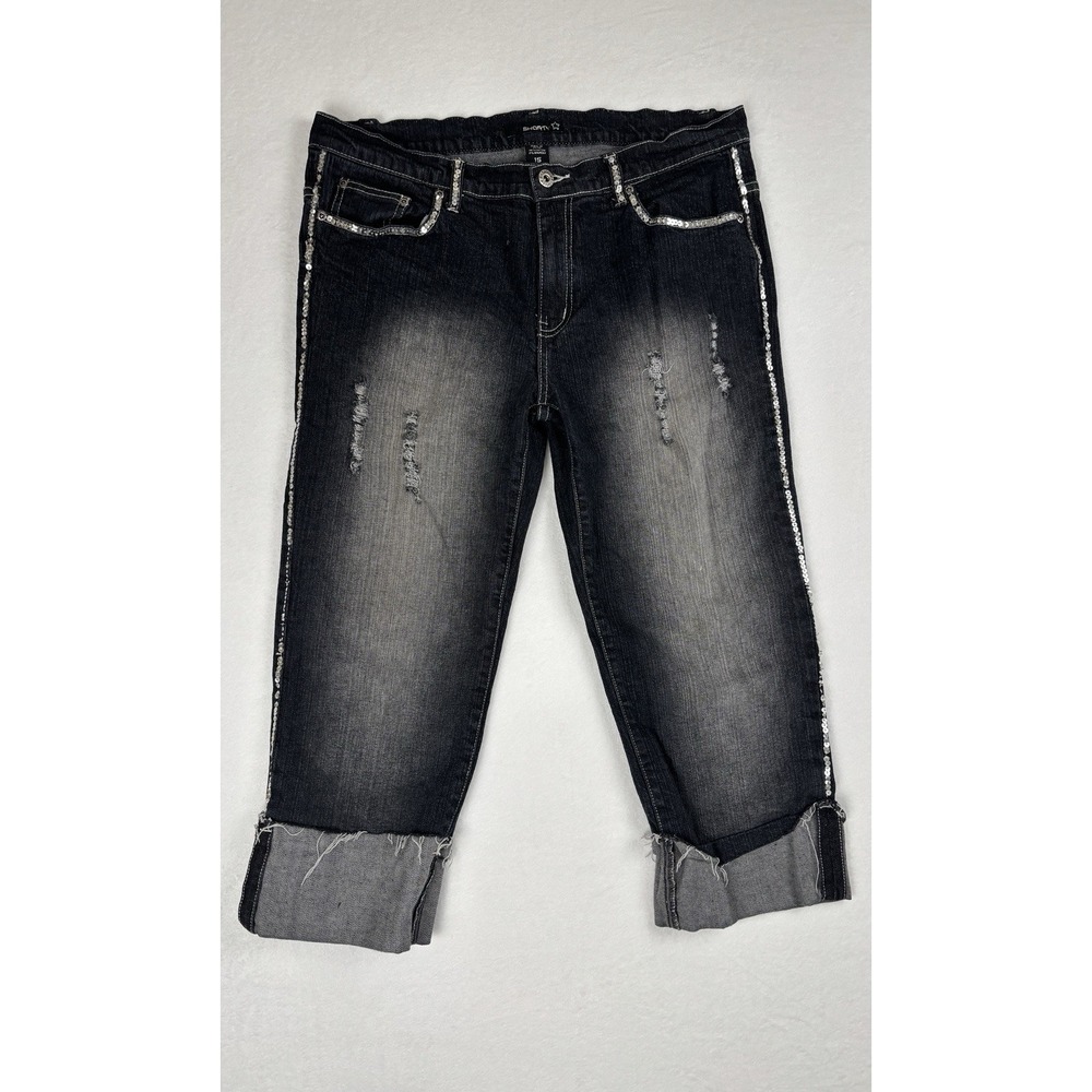 Shorty Women's Capri Jeans Dark Wash Sequin Trim Distressed Size 15‎ Y2K